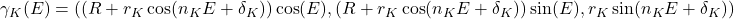  \gamma_{K}(E) = \left( (R + r_K\cos(n_K E + \delta_K))\cos(E), (R + r_K\cos(n_K E + \delta_K))\sin(E), r_K\sin(n_K E + \delta_K) \right) 