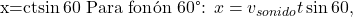 $x=ct\sin60&deg;$ Para fon&oacute;n 60&deg;: $x=v_{sonido}t\sin60&deg;$,