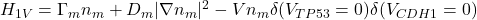 H_{1V} = \Gamma_m n_m + D_m |\nabla n_m|^2 - V n_m \delta(V_{TP53}=0)\delta(V_{CDH1}=0)