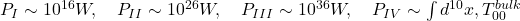  P_{I}\sim 10^{16}W, \quad P_{II}\sim 10^{26}W, \quad P_{III}\sim 10^{36}W, \quad P_{IV}\sim \int d^{10}x , T_{00}^{bulk} 