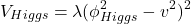 \[V_{Higgs} = \lambda(\phi_{Higgs}^2 - v^2)^2\]