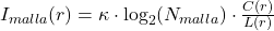 I_{malla}(r) = \kappa \cdot \log_2(N_{malla}) \cdot \frac{C(r)}{L(r)}
