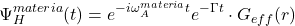 \[\Psi_H^{materia}(t) = e^{-i\omega_A^{materia} t} e^{-\Gamma t} \cdot G_{eff}(r)\]