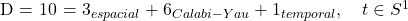   D = 10 = 3_{espacial} + 6_{Calabi-Yau} + 1_{temporal}, \quad t \in S^1 