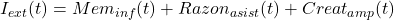 I_{ext}(t)= Mem_{inf}(t) + Razon_{asist}(t) + Creat_{amp}(t)