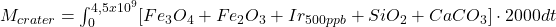 M_{crater} = \int_{0}^{4,5 x 10^9} [Fe_3O_4+Fe_2O_3+Ir_{500ppb}+SiO_2+CaCO_3] \cdot 2000 dt