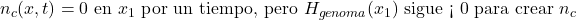 n_c(x,t) = 0 \text{ en } x_1 \text{ por un tiempo, pero } H_{genoma}(x_1) \text{ sigue < 0 para crear } n_c