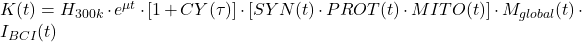 K(t) = H_{300k} \cdot e^{\mu t} \cdot [1 + CY(\tau)] \cdot [SYN(t) \cdot PROT(t) \cdot MITO(t)] \cdot M_{global}(t) \cdot I_{BCI}(t)