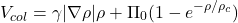 \[V_{col} = \gamma |\nabla\rho|\rho + \Pi_0(1 - e^{-\rho/\rho_c})\]
