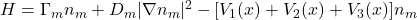 H = \Gamma_m n_m + D_m |\nabla n_m|^2 - [V_1(x)+V_2(x)+V_3(x)] n_m