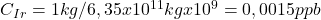 C_{Ir} = 1 kg / 6,35 x 10^{11} kg x 10^9 = 0,0015 ppb