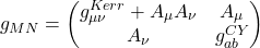 g_{MN} = \begin{pmatrix} g_{\mu\nu}^{Kerr} + A_\mu A_\nu & A_\mu \\ A_\nu & g_{ab}^{CY} \end{pmatrix}