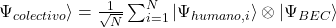 \Psi_{colectivo}\rangle = \frac{1}{\sqrt{N}} \sum_{i=1}^{N} |\Psi_{humano,i}\rangle \otimes |\Psi_{BEC}\rangle