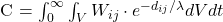   C = \int_{0}^{\infty} \int_{V} W_{ij} \cdot e^{-d_{ij}/\lambda} dV dt