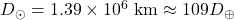 D_{\odot} = 1.39 \times 10^6 \text{ km} \approx 109 D_{\oplus}