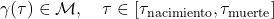 \gamma(\tau) \in \mathcal{M}, \quad \tau \in [\tau_{\text{nacimiento}}, \tau_{\text{muerte}}]