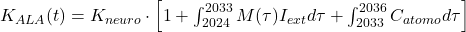 K_{ALA}(t)=K_{neuro}\cdot\left[1+\int_{2024}^{2033} M(\tau)I_{ext}d\tau + \int_{2033}^{2036} C_{atomo}d\tau\right]