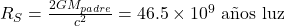R_S = \frac{2GM_{padre}}{c^2} = 46.5 \times 10^9 \text{ a&ntilde;os luz}