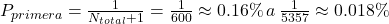  P_{primera} = \frac{1}{N_{total}+1} = \frac{1}{600} \approx 0.16\% \, a \, \frac{1}{5357} \approx 0.018\% 