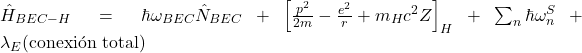 \hat{H}_{BEC-H} = \hbar\omega_{BEC}\hat{N}_{BEC} + \left[\frac{p^2}{2m} - \frac{e^2}{r} + m_H c^2 Z\right]_{H} + \sum_n \hbar\omega_n^{S} + \lambda_E (\text{conexi&oacute;n total})
