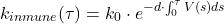 $$ k_{inmune}(\tau) = k_0 \cdot e^{-d \cdot \int_0^\tau V(s) ds} $$