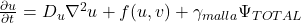\frac{\partial u}{\partial t} = D_u \nabla^2 u + f(u,v) + \gamma_{malla} \Psi_{TOTAL}