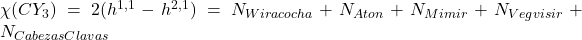   \chi(CY_3)=2(h^{1,1}-h^{2,1}) = N_{Wiracocha}+N_{Aton}+N_{Mimir}+N_{Vegvisir}+N_{CabezasClavas} 